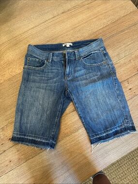 CAbi Blue Denim Frayed Hem Bermuda Shorts